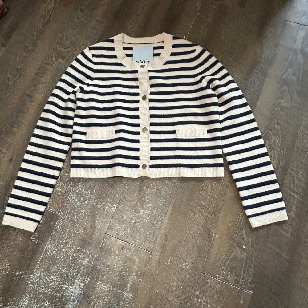 Anthropologie NVLT Striped Lady Jacket Cardigan Navy Cream Gold Button Sweater
